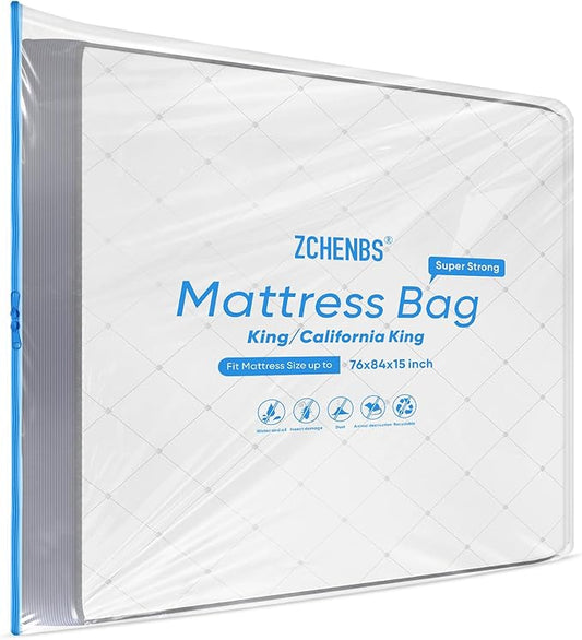 ZCHENBS® – Mattress Bags for Moving and Storage,Mattress Bag with Zippers,5 Mil Ultra-Thick Bed Bag,Waterproof,Anti-Tear,Heavy-Duty Mattress Bag (Transaparent/Blue, King/California King-(1 Pack)