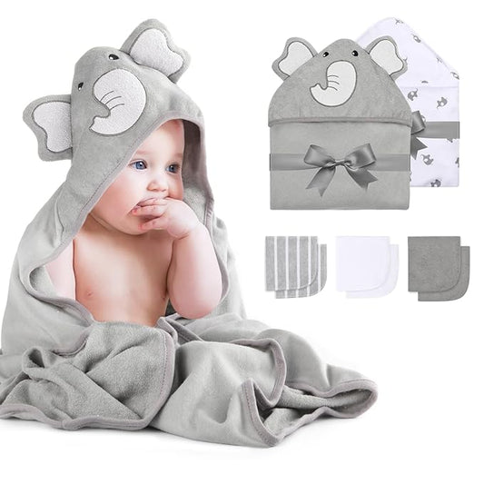 Momcozy Cute Elephant Hooded Baby Towel- 8 Piece Bath Essential, 2 x Towels and 6 x Wash Cloth Set- Perfect Shower Gift for Boys or Girls - Soft and Comfort for Newborn, Infant and Toddler