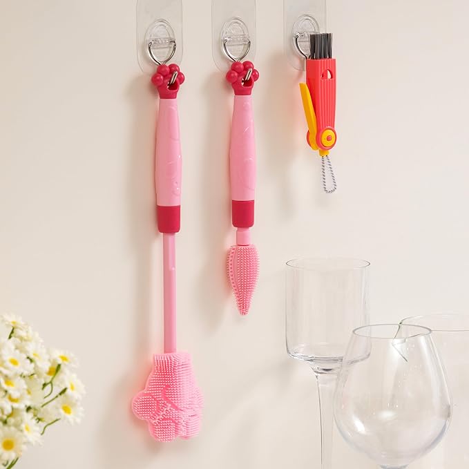 Chemimoso Adjustable Handle Length 10.5-13.8in Water Cup Cleaner Bottle Brush, Silicone Baby Bottle Brush, Pot Brush Cleaner, Pink