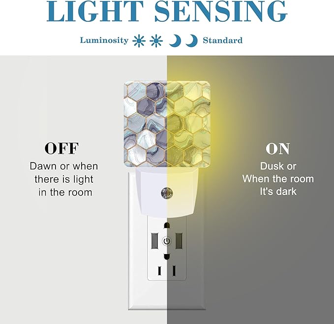 Hexagon Golden Blue Marble Night Light Plug into Wall with Dusk to Dawn Sensor Cute Nightlight for Kid Girls Boys Women Men Room Decor, Hallway, Kitchen, Bathroom, Nursery, Stairs