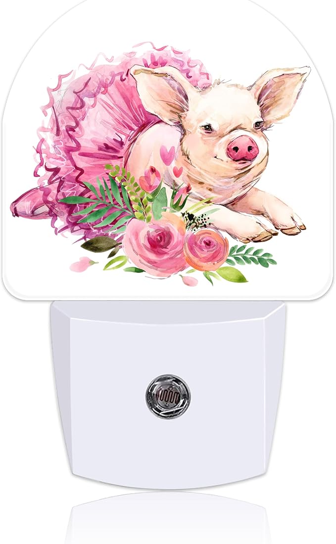 Watercolor Cute Flower Pig Night Light for Kids, LED Night Light Plug into Wall with Dusk to Dawn Sensor for Girls Boys Women Men Room Decor, Hallway, Kitchen, Bathroom, Nursery, Stairs