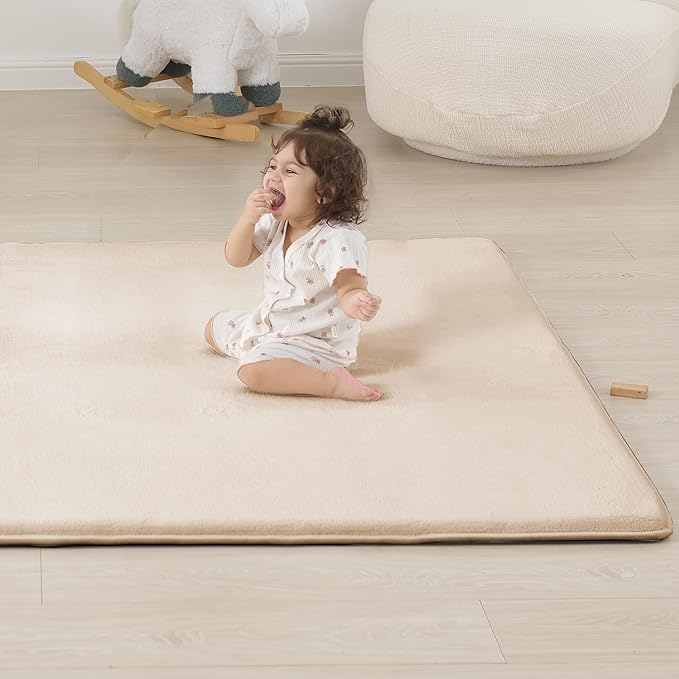 1.3" Thick Baby Floor Play Mat 79x158, Basic Padded Foam Mat for Tummy Time Crawling, Non Slip Cushioned for Babies Toddlers Infants Kids (Beige)