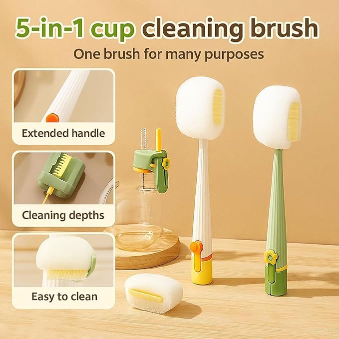 5-in-1 Bottle Cleaning Brush Set, 2026 New Multifunctional Baby Bottle Brush with Long Handle, Gap Cleaner & Scrubber for Water Bottle Lid, Straw, Travel Mugs and Home Kitchen Use (Yellow-3 Heads)