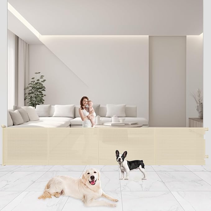 Upgrade 200" Retractable Baby Gates Extra Wide with Reinforced Strips, Mesh Retractable Dog Gate for Garage, 41" Tall Retractable Gate Indoor Outdoor for Pet and Baby-Beige