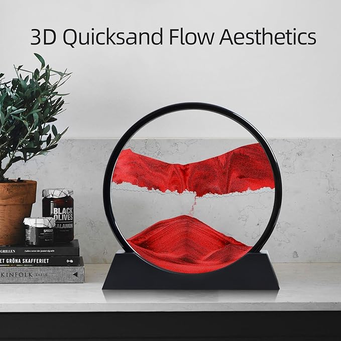 Moving Sand Art Liquid Motion, 3D Deep Sea Sandscape Color Quicksand Decor, Round Glass Moving Sand Art Picture Relaxing Desktop Home Office Work Decor (Red, 12 inch)