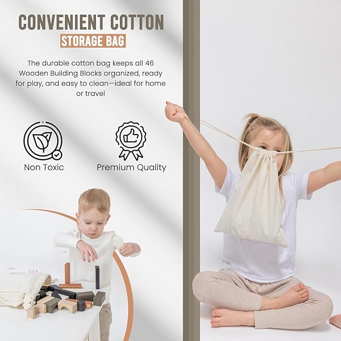 Educational Stacking Blocks for Toddlers 1–3 – 46-Piece Wooden Building Block Set | Montessori-Inspired Learning Toy with Storage Bag | Safe, Non-Toxic, Earth-Tone Colors