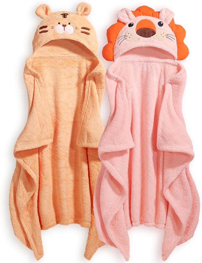 Toddler Bath Towel Hooded Kids Towels Bath Baby Towel with Hood for Boy Girl 0-5 Years, 2-Pack Soft Absorbent Baby Bath Toddler Towels, Large Thick 50''x32'' Pink &Orange Set