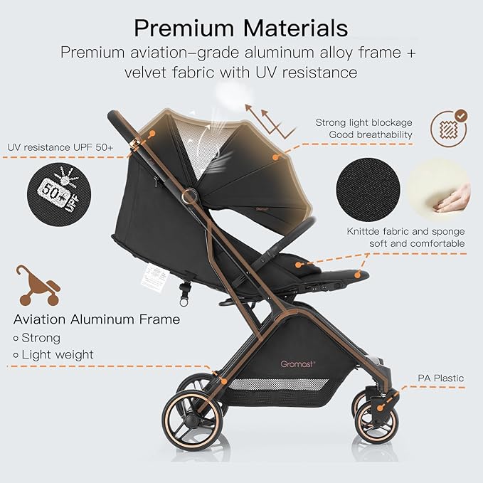 Gravity Folding Baby Stroller - Portable Travel Toddler Stroller w/Adjustable Backrest & Canopy, Cup Holder, Lightweight and UV Protected, One-Hand Automatic Folding - Black