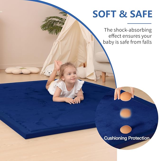 Baby Play Mat for Floor,1.3" Thick Elasti-Foam 50x50 Playpen Mat for Toddlers Infant Kids,Water-Repellent Soft Coral Velvet Tummy Time Non Slip Crawling,Tatami(Dark Blue)
