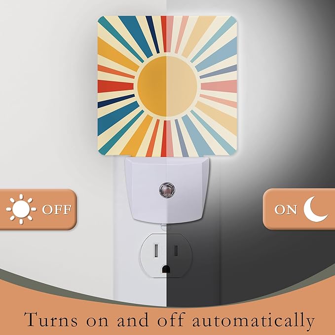 Retro Sun Burst Night Light with Dusk to Dawn Sensor for Kids, Rooms, Hallways, Kitchens, Bathrooms, Nurseries, Stairs
