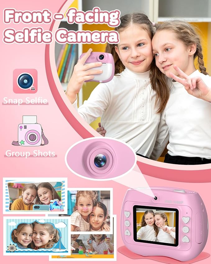 Kids Instant Print Camera Selfie Function - Front Rear Dual Kid Camera with 1080P Video for Girls Ages 3-12, Toddler Portable Travel Print Digital Camera for 3 4 5 6 7 8 9 10 11 12 Year Old Pink