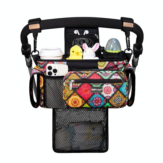 TOPDesign Universal Baby Stroller Organizer, Stroller Caddy with Detachable Mesh Bag & Heightened Insulated Cup Holders & Non-Slip Secure Hooks Accessories, Fits Most Strollers (Yoga)