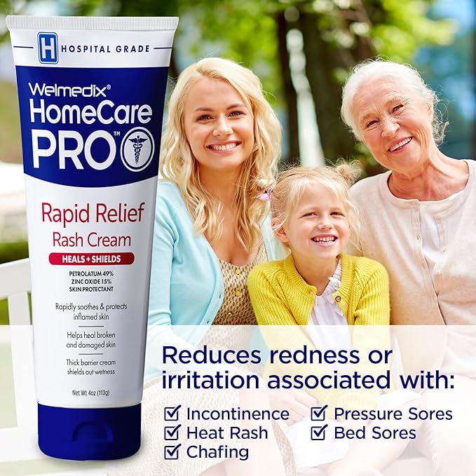 Welmedix HomeCare PRO Rapid Relief Adult Diaper Rash Cream – Extra Thick, Moisturizing Barrier Cream for Incontinence and Healing/Zinc Oxide (4oz Tube)