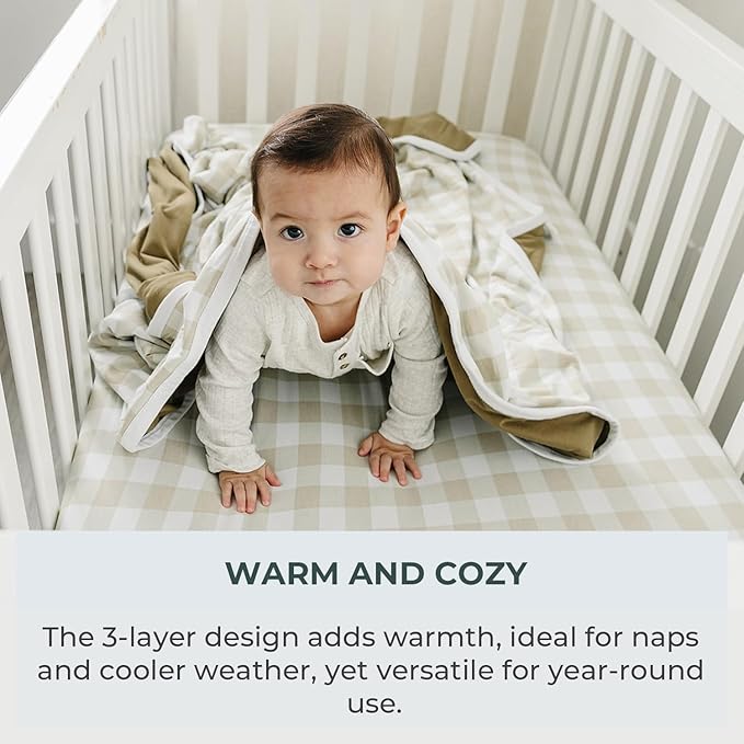 Pobibaby Premium Baby Blanket, Soft Stretchy Quilt for Babies, Toddlers, Kids (Gingham Khaki)