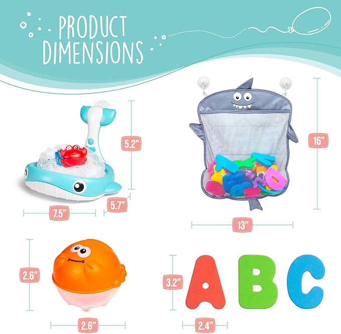 Comfylife Baby Bath Toy Organizer - Bath Toy Storage for Shower - Bathtub Toy Organizer Includes Foam Bath Toys (Numbers & Letters & Squirty Toys) + Extra Net That Doubles as a Toy