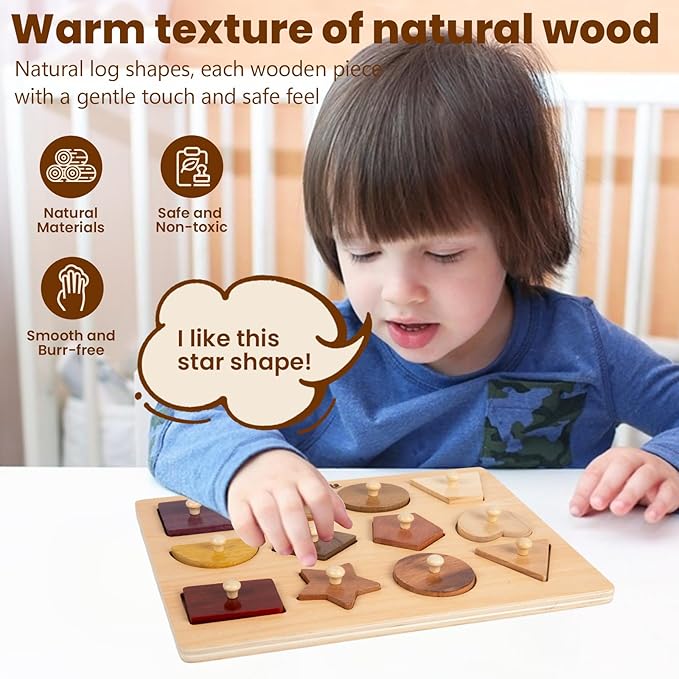 Adena Montessori Wooden Shape Peg 12 Piece of Colorful Shape Cognition Knob Puzzles Baby & Toddler Development Toy (12 Types of Materials)