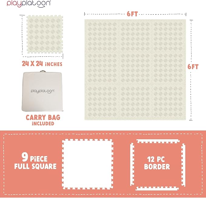 Play Platoon Large Kids Mats for Floors, 9 Tile 72 x 72 inch, Extra-Thick Interlocking Tiles, 24 x 24 in. Puzzle Mat Pieces with Border, Non-Toxic, Neutral Playmat Rug for Toddlers & Children