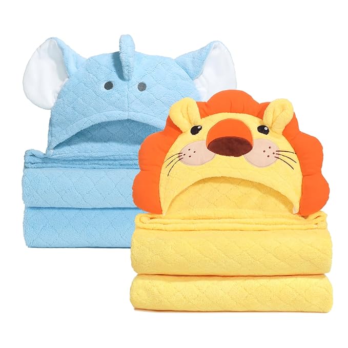 Toddler Bath Towel with Animal Hood for 0-5 Years,2 Pack Coral Fleece Bath Towels with Large Size 50 in*32 in,Ultra Absorbent Thick Soft for for Baby Kids Chirdern, Blue Elephant & Yellow Lion