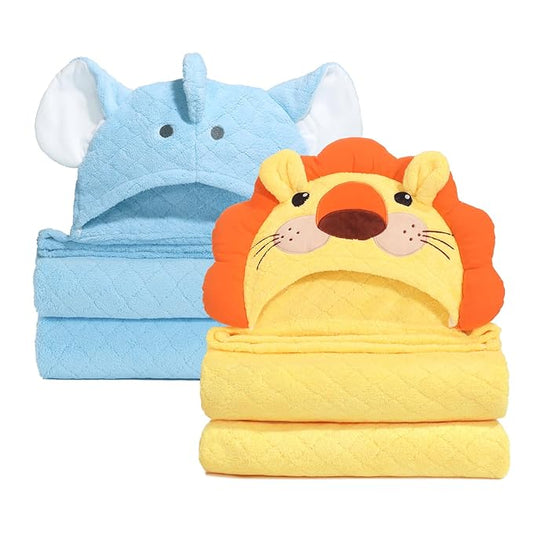 Toddler Bath Towel with Animal Hood for 0-5 Years,2 Pack Coral Fleece Bath Towels with Large Size 50 in*32 in,Ultra Absorbent Thick Soft for for Baby Kids Chirdern, Blue Elephant & Yellow Lion