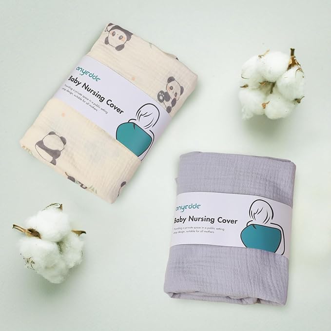 2-Pack Muslin Nursing Covers for Breastfeeding - Breathable Breastfeeding Covers with Arch Neckline, Privacy Nursing Cover for Women and Baby, Gray & Panda