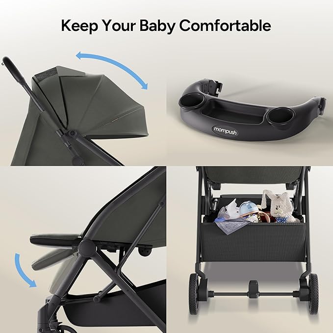 Mompush Lithe V2 Lightweight Travel Stroller, Compact Foldable Baby Stroller with Travel Bag, One-Hand Fold Stroller, Snack Tray, Mechanical Recline Seat, Airplane-Ready, Organizer & Rain Cover