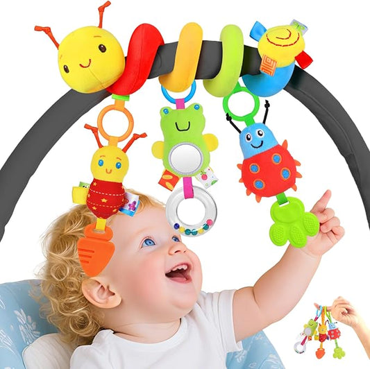 Car Seat Toys for Babies 0-6 Months, Upgraded Spiral Hanging Crib Stroller Activity Toys with Detachable Rattles, Baby Car Seat Accessories Toy for Developing Sensory Skills, Gift for Newborn Infant