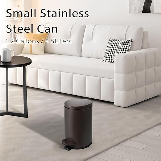 TIPGO Small Trash Can with Lid Soft Close, 4.5 Liters / 1.2 Gallon Bathroom Garbage Can, Mini Step Trash Bin, Stainless Steel Wastebasket for Bathroom, Bedroom, Office (Brown)