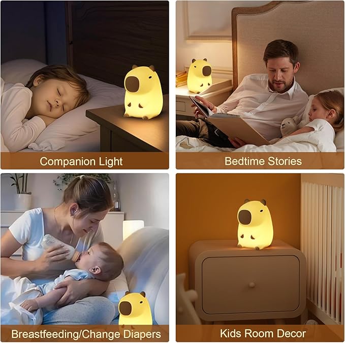 Capybara Night Light, Squishy Rechargeable LED Lamp with Timer, Dimmable Silicone Nightlight for Kids Bedroom, Kawaii Animal Decor for Nursery College Dorm Adults