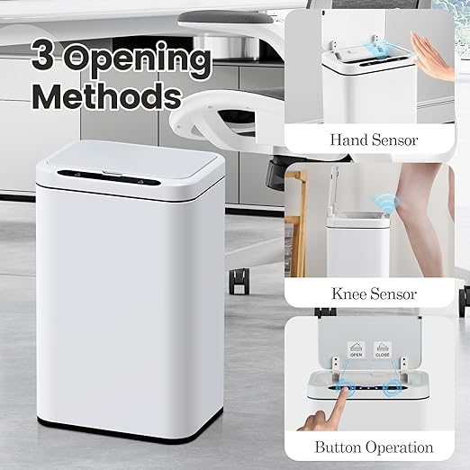 ELPHECO Stainless Steel Office Trash Can Motion Sensor Garbage Can Touchless Smart Trash Can Automatic Waste Bin for Kitchen, Office, Bathroom (White, 6.6 Gallons), 2AA