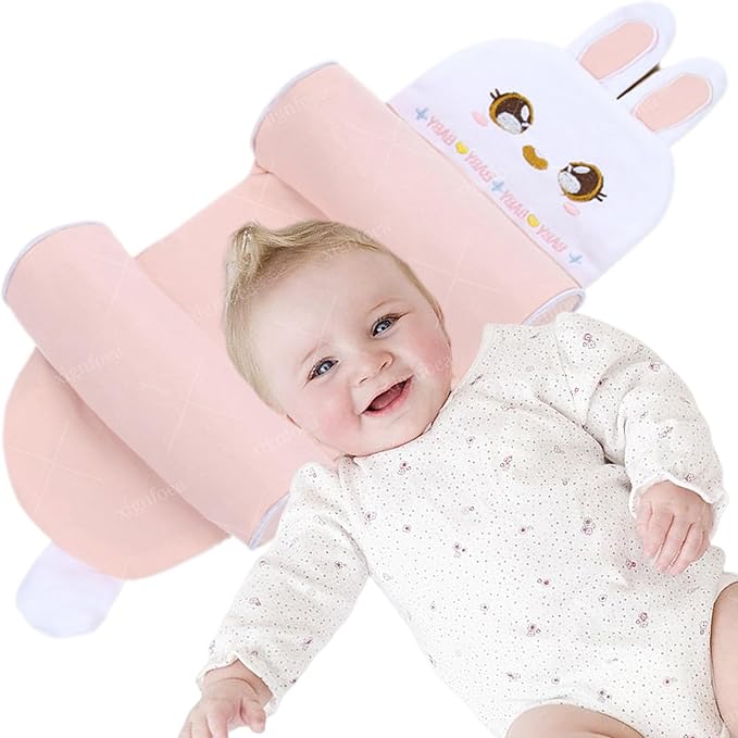 Kariney Baby Pillow, Compariston All-Season Breathable Pillow for Baby Development, Organic Cotton Adjustable Infant Head Cushion (Pink,Rabbit)
