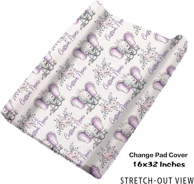 Personalized Baby Crib Bedding Set for Baby Girls, Light Purple Elephant Pattern Custom Name Baby Crib Sets 5-Pcs, Toddler Double Layer Blanket Fitted Sheets Changing Pad Cover Rug Wall Art Set