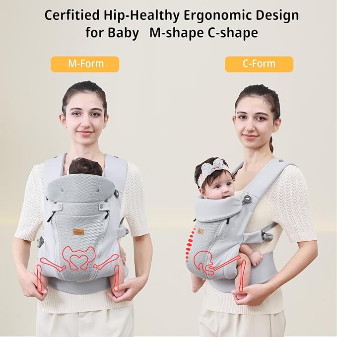 CUBY Newborn Baby Carrier with Head Support and Sunshield, Breathable & Adjustable Newborn Toddler Front Baby Carriers, Hands-Free Newborn Carrier up to 40lbs(Light Gray, Upgraded-with Waist Belt)