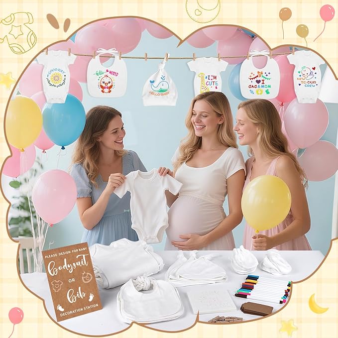 162Pcs Baby Shower Game Decorations Kit with Bibs, Fabric Markers, Wooden Sign, Bodysuits & Tags