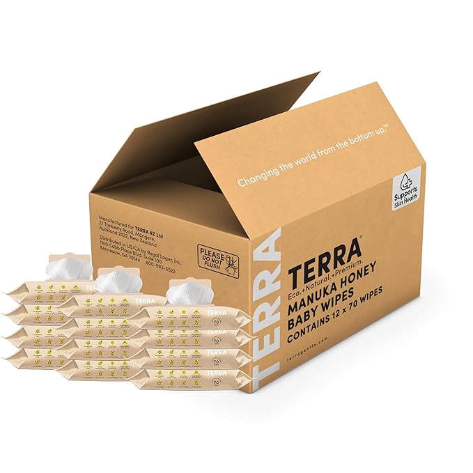 Terra Bamboo Baby Wipes: Manuka Honey, 99.5% Pure New Zealand Water, 100% Biodegradable Bamboo Fiber, 0% Plastic, Unscented Baby Wipes for Sensitive Skin, 12 Packs of 70 Wipes