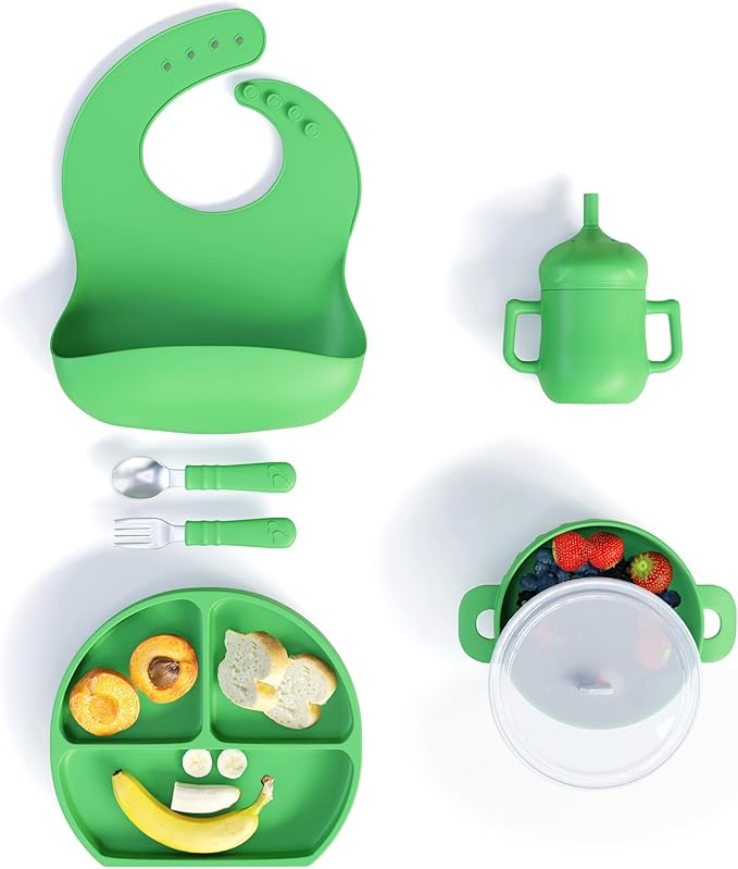 mimi & kiki BPA-Free Silicone Baby Feeding Set, Baby Plates and Bowls Set, Baby Led Weaning Supplies, Silicone Suction Plate, Baby Utensils, Bib and Cup, Self Feeding, Dishwasher Safe (Green)