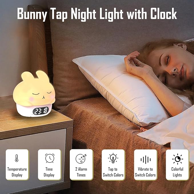 Cute Bunny RGB Rechargeable Night Light, Soft Silicone Lampshade, Adjustable Brightness LED Clock, Date, Alarm, Thermometer, Timer, Tap Control, Bedroom Lamp, Gift for Girl and Kid (Pink Bunny)