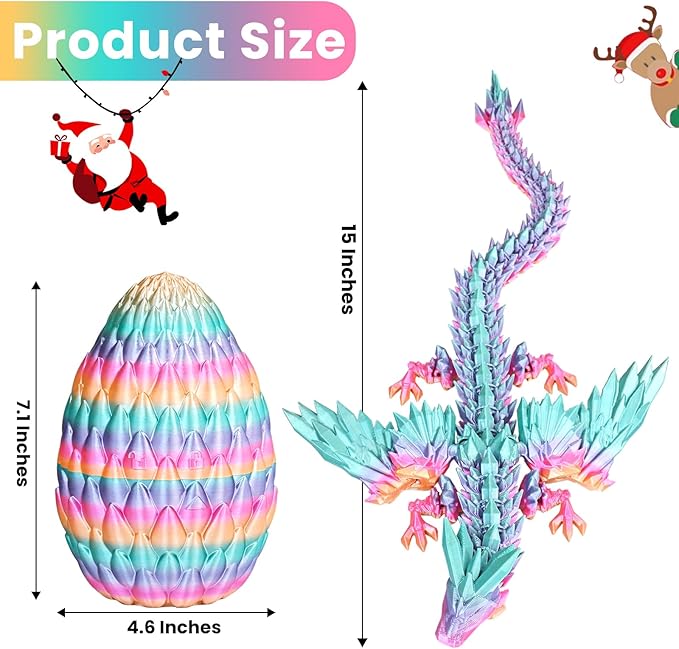 3D Printed Dragon Eggs with Articulated Fly Dragon Inside, Collectible Figurines Fidget Toy for Adults Kids Birthday Easter Christmas White Elephant Gifts for Friends Colleagues(Rainbow, L size)