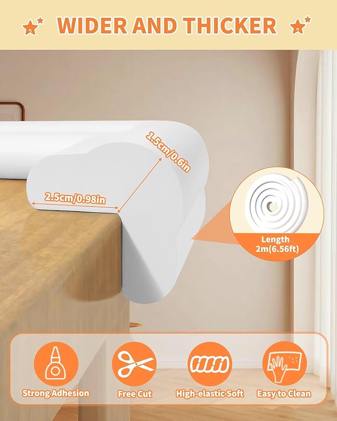 Edge Corner Protector Baby Proofing, 6.56FT 0.6'' Thicken L-Shape Furniture Fireplace Safety Bumper Guard with 6 Corners, Pre-Taped, Soft NBR Rubber Foam, Table Edge Protector for Baby(White-gray)