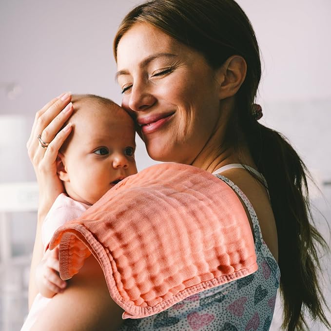 VitalCozy 6 Pcs Baby Muslin Hooded Bath Towels and Washcloths, 32 x 32 Inch Cotton Absorbent Blankets for Newborn Infant Shower Gift (Pink, Orange)