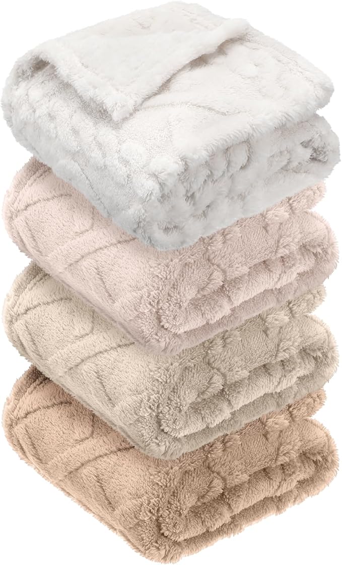 VitalCozy 4 Pcs Fluffy Baby Blanket Fleece 30" x 40" 3D for Boys Nursery Little Girl Infant or Newborn Receiving Swaddling Blankets(Khaki Set)