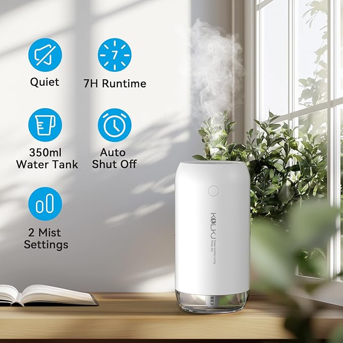 Portable Mini Humidifier, KQLKJ 350ml Small Cool Mist Humidifiers, USB Personal Desktop Humidifier for Bedroom Car Office Travel with Auto Shut-Off & 2 Mist Modes (White)