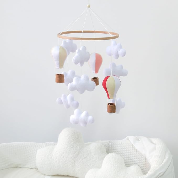 Hot Air Balloon Mobile for Crib, Pink Baby Girl Crib Mobile for Girls, Cloud Mobile for Crib, Boho Nursery Mobile for Bassinet