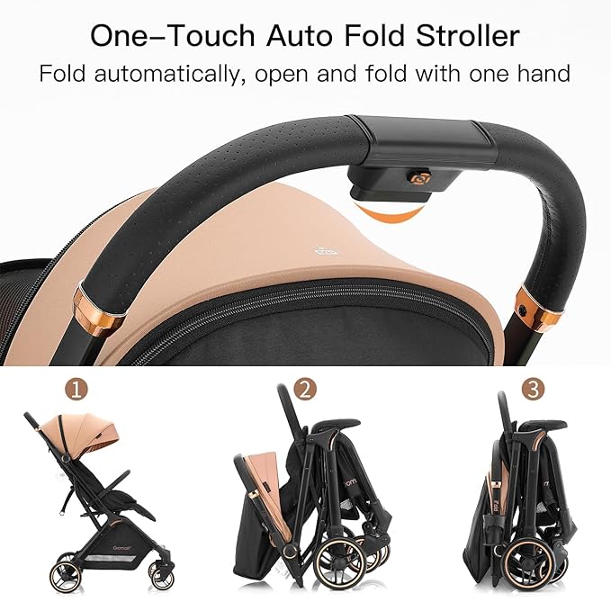 Gravity Folding Baby Stroller - Portable Travel Toddler Stroller w/Adjustable Backrest & Canopy, Cup Holder, Lightweight and UV Protected, One-Hand Automatic Folding - Khaki