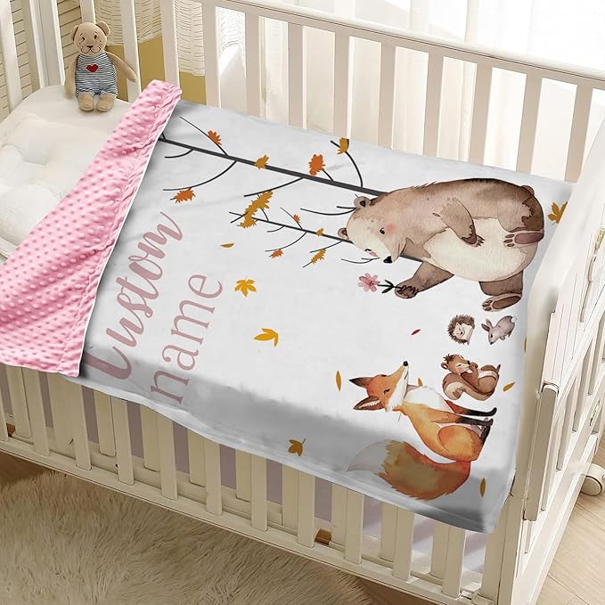 Personalized Infant Blanket – Soft Flannel with Double-Layer Dotted Backing – Fox and Animals Design – Ideal for Babies and Toddlers