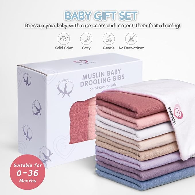 Bearmoss Muslin Baby Drooling Bibs 8 Pack, 100% Cotton Square Adjustable Bandana Bibs Gift for Baby Girls Boys Teething Drool