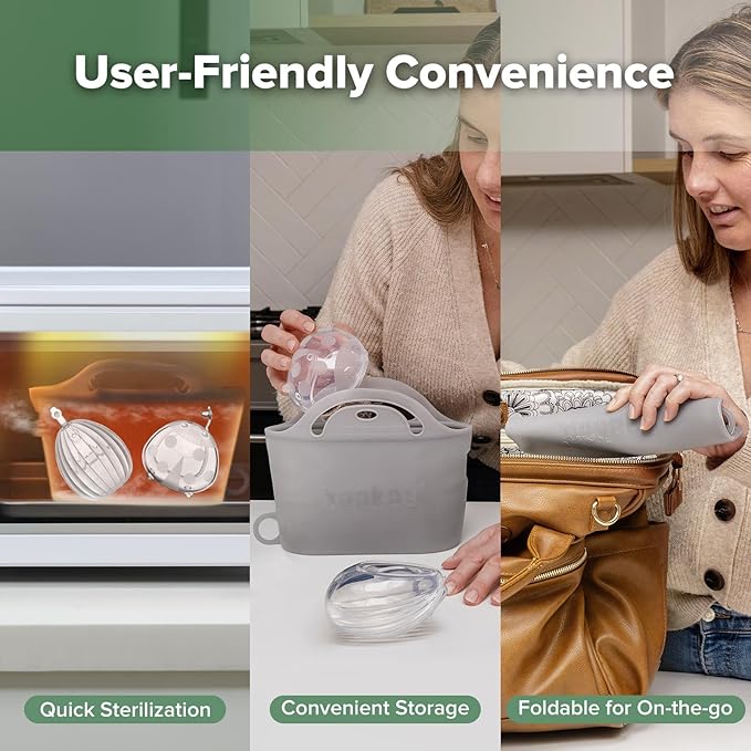 haakaa Milk Collector Set - 75ml Shell Pump, 75ml Milk Collector & 750ml Steriliser Bag - Hands-Free Wearable Breast Pump, Passive Silicone Milk Catcher for Breastfeeding Mom