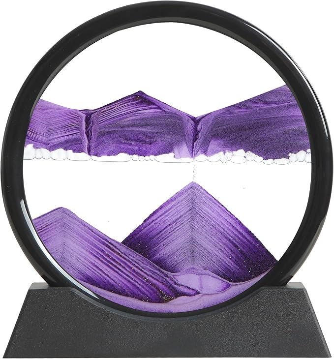 Moving Sand Art Liquid Motion, 3D Deep Sea Sandscape Color Quicksand Decor, Round Glass Moving Sand Art Picture Relaxing Desktop Home Office Work Decor (Purple, 7 inch)