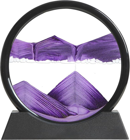 Moving Sand Art Liquid Motion, 3D Deep Sea Sandscape Color Quicksand Decor, Round Glass Moving Sand Art Picture Relaxing Desktop Home Office Work Decor (Purple, 7 inch)