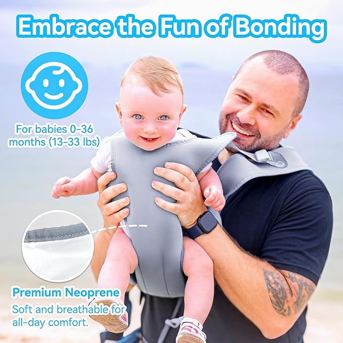 Baby Carrier, Dual-Use Adjustable Baby Sling Support Infant Chest Holder with Drawstring Backpack for Newborn to Toddler 13-33 lbs Swimming Pool Beach Land (Grey)