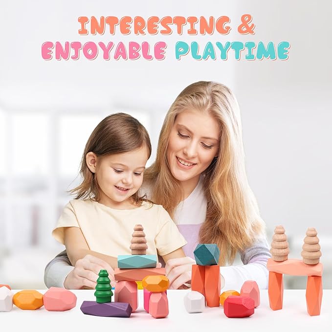 50 PCS Wooden Stacking Rocks Sensory Toys for Toddlers 3-4 Learning Montessori Building Block Toys Balancing Stacking Stones Preschool Learning Educational for Kids 3 4 5 Years Old Gifts